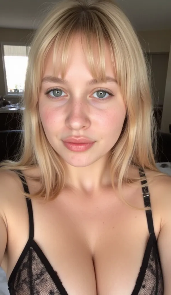 realistic, Full body shot,amateur selfie photo of A fair-skinned woman, 28 years old, curvy,((cute)) beautiful,((perfect eyes)),long blonde hair with bangs, gray eyes, pointed chin,long AND full eyelashes, arched eyebrows,dimples on cheeks,((round face)), ...