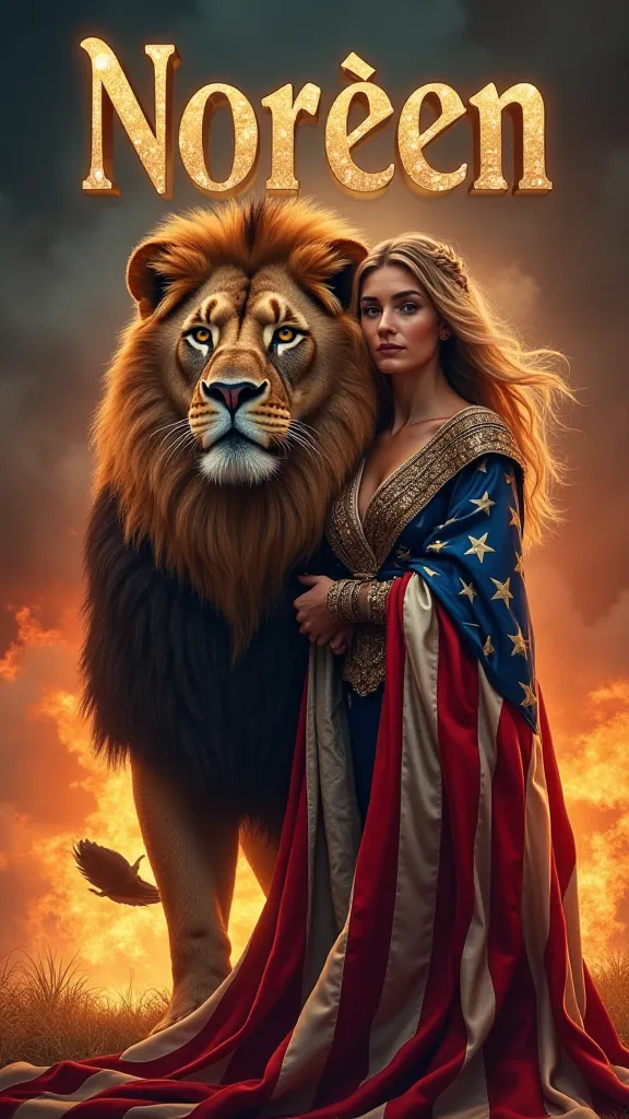 Crée une affiche pour le  nom "Noreen" écrit en couleur dorée, utilisé le thème une femme  avec son lion aigle combiné avec les drapeaux américain, utiliser un arrière plan majestral royale avec effet de fumée et orage et feu 