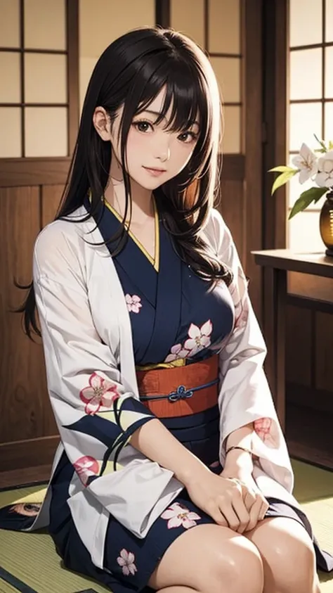 A stunning young Japanese woman with long black hair, tied loosely after a bath, sitting in a traditional Japanese ryokan room. She wears a navy blue and white yukata with cherry blossom patterns, the fabric slightly loose, revealing a delicate collarbone....