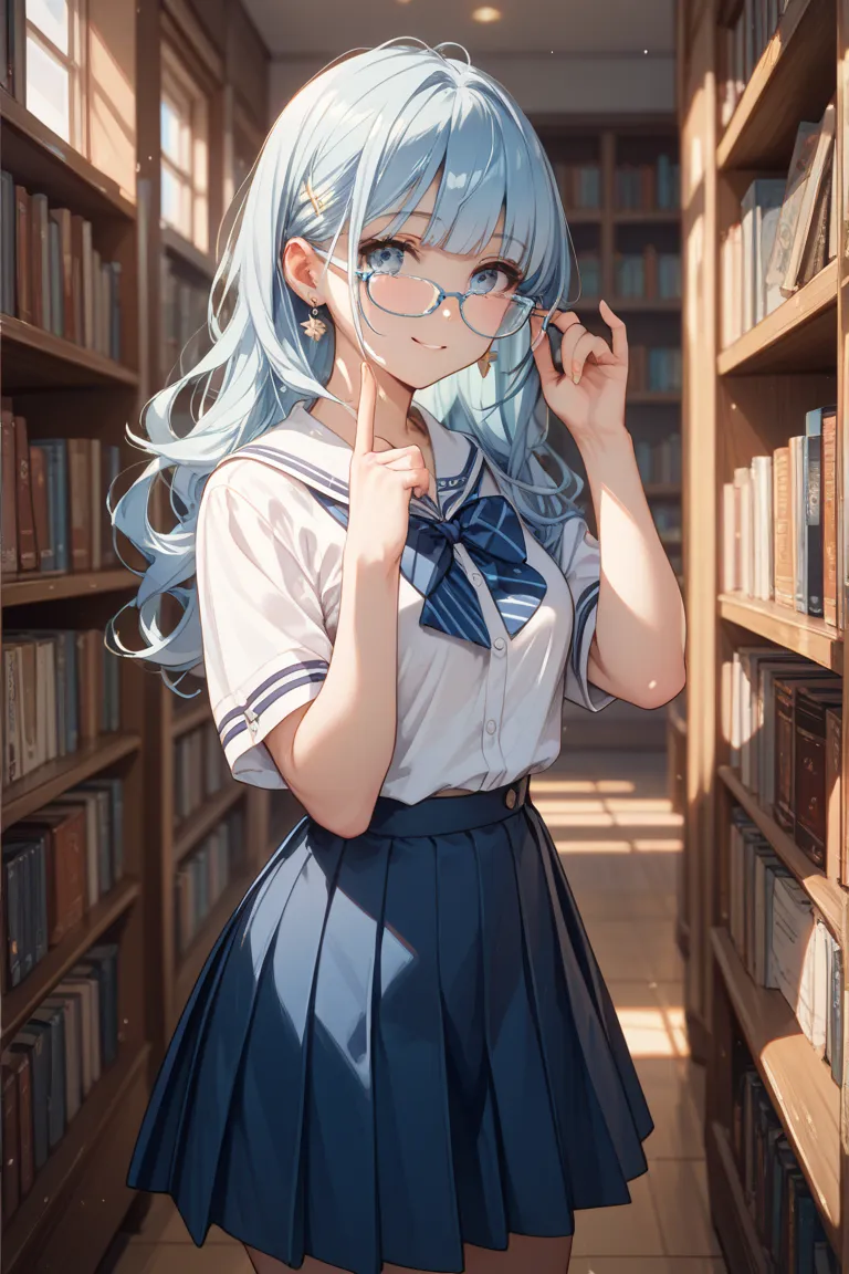 anime style high school girl light blue uniform library glasses