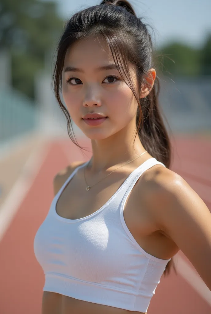 Innocent,  cute, cute, beautiful Japanese girl, full body,  track and field athlete uniform, Passionate Gaze, Natural beauty, like the movie,  High resolution professional photos , Big Breasts