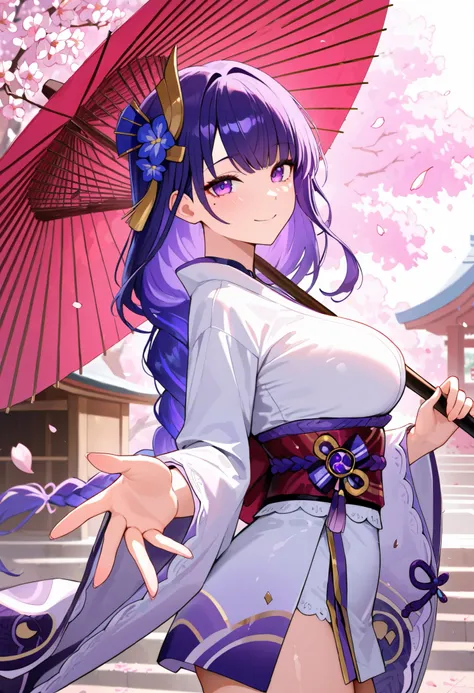 masterpiece, best quality, newest, absurdres, highres, 1girl, RdnMkt, purple hair, long hair, braided ponytail, braid, purple eyes, mole under eye, large breasts, hair flower, hair ornament, purple flower, japanese clothes, long sleeves, wide sleeves, obi,...