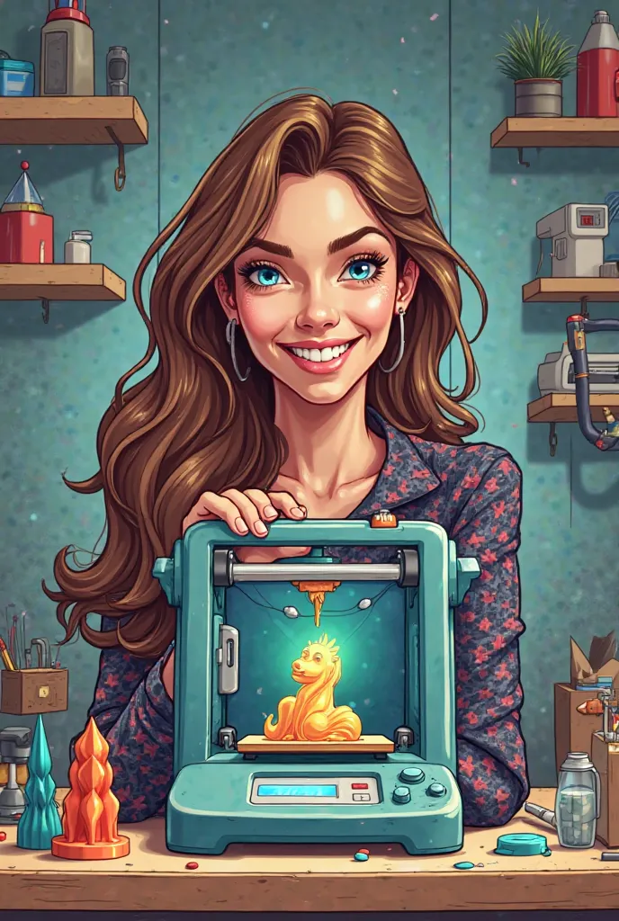 Create a picture of a happy woman with brown hair and blue eyes sitting next to her 3D printer. Comic style