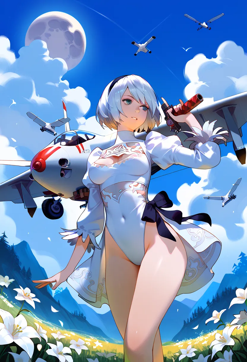 Make an image of 2B (Nier: automata) on his back where he is on top of a mountain at night with several beautiful white flowers, raising one hand trying to touch the moon and while holding his gun with his other hand, all this on a central plane, both 2B a...