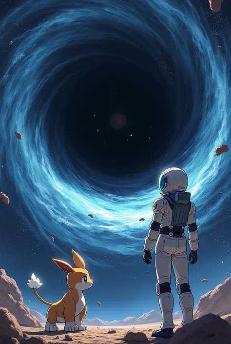 Please create an anime-style image of a space warrior in white uniform looking into a black hole with his companion, a Pokemon Machamp. 