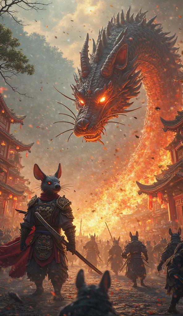 Samurai rat with beautiful armor and his army ,in a Chinese city battling with a burning dragon in a forest 