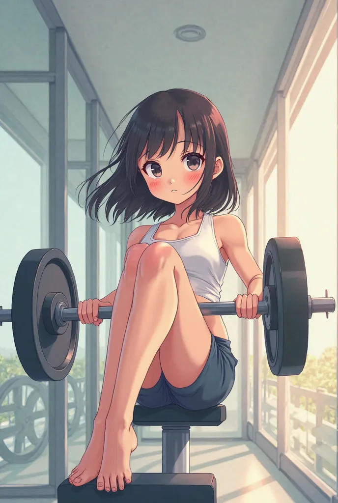 Anime girl use one of those leg press machines 
2d art