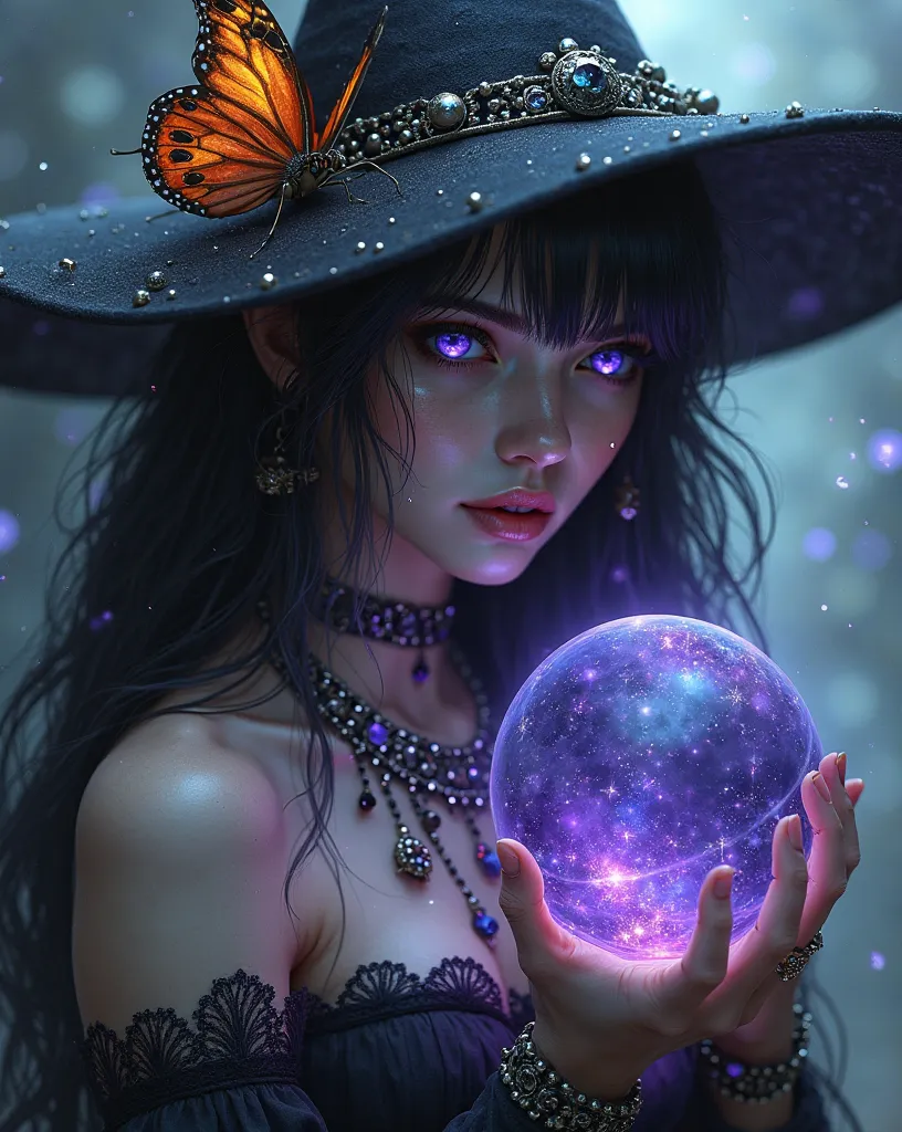  Female character , with a witch's hat that covers part of her face, a melancholic face with a tear falling from his eye. dark hair, Eyes illuminated in violet, with clothes that contain jewelry, a fiery butterfly perched on his hat. The image is taken fro...