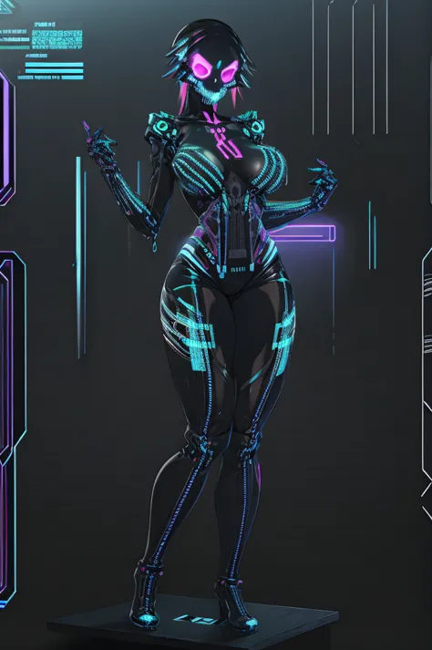 a woman wearing an exo-skeleton mask on a fashion runway, vibrant neon lighting, ****age model, intricate mechanical design, high-tech futuristic cyberpunk style, dynamic pose, dramatic lighting, colorful dystopian background, detailed metal textures, glos...