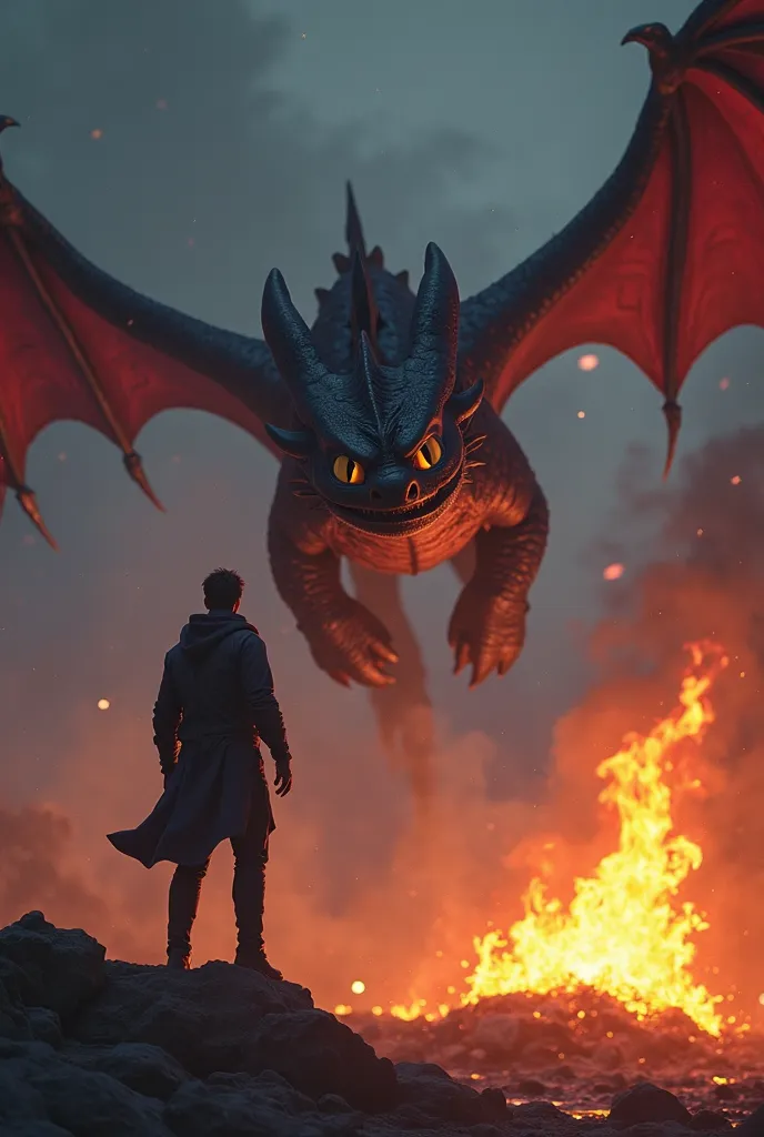 a man standing next to a fire with a dragon flying above him, a picture by Alexander Fedosav, pexels, hurufiyya, how to train your dragon, toothless, dragon in the background, night fury, genndy tartakovsky, ❤🔥🍄🌪, ''dragon breathing fire, dragon flying in ...