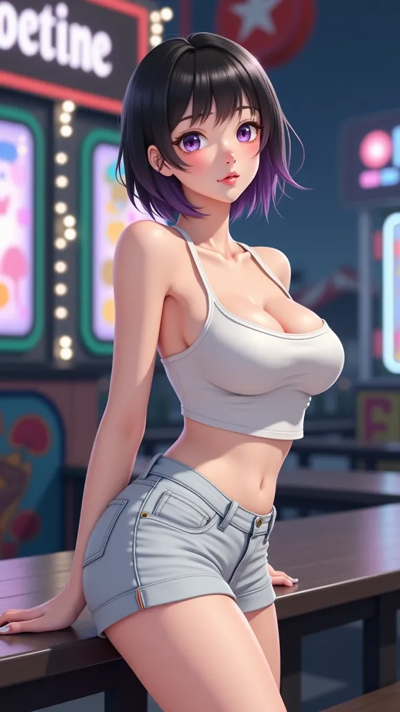 Female character, 18 years old, Korean, very fair skin, realistic face, small and realistically shaped light brown eyes, short black wavy hair with purple highlights, detailed, body with generous curves, hot, big breasts, wide thighs, big butt, short wavy ...