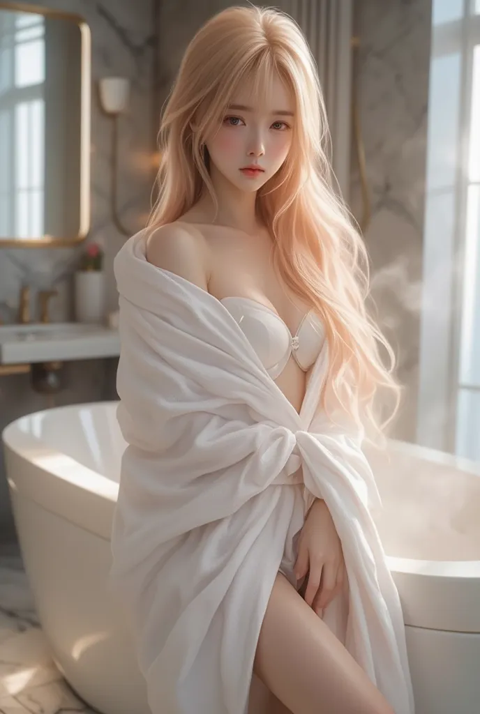 (8K high-definition, high-resolution, realistic, bright colors, full body image, real photo: 1.37), a young Oriental girl, 18 years old, with long golden bangs, extremely beautiful and delicate face, shy expression on her face, beautiful blue eyes, fair sk...