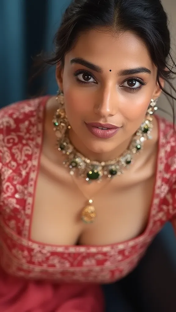 Portrait of a stunning, slim, pale Indian woman with dusky skin, her body facing the camera, no expression face, while her face is directed toward the viewer, radiating a loving gaze.  The scene is high-resolution, ultra-detailed, and anatomically correct,...