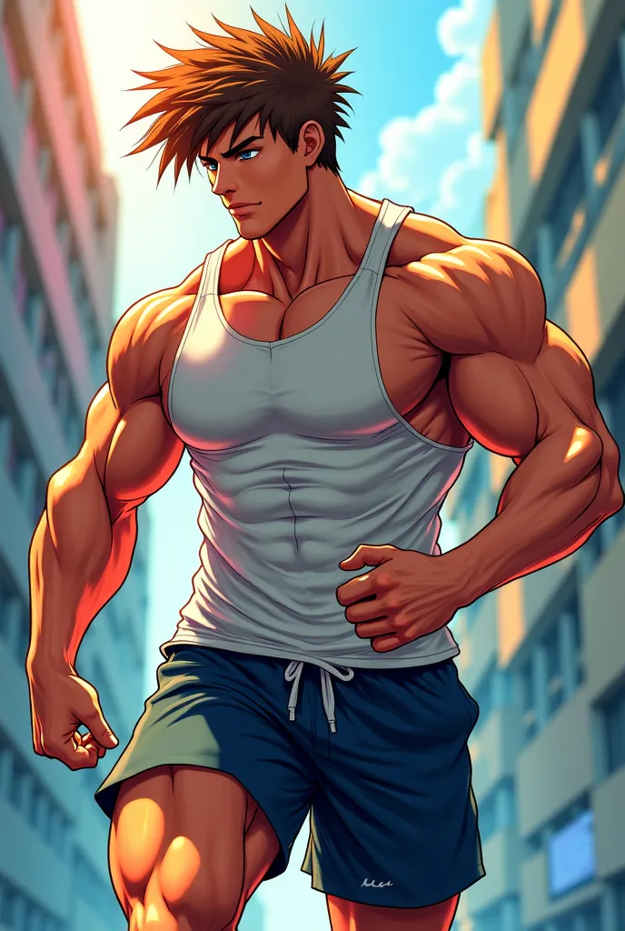 anime style, Male gender,  brown skin color, light brown and large hair color, gym sportswear