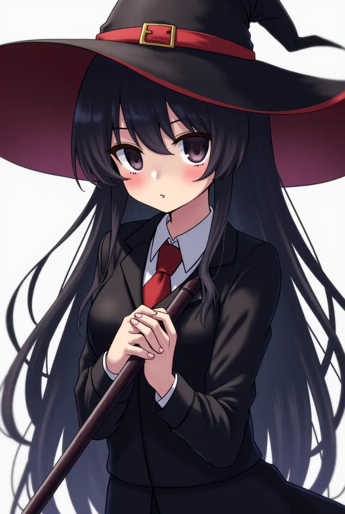 A girl with long dark hair is wearing a witch hat and holding a cane. She has a dreamy face and is wearing a black uniform. Japanese 2D anime picture. I have black eyes. He has no eyesight and has dead eyes. expressionless face. 