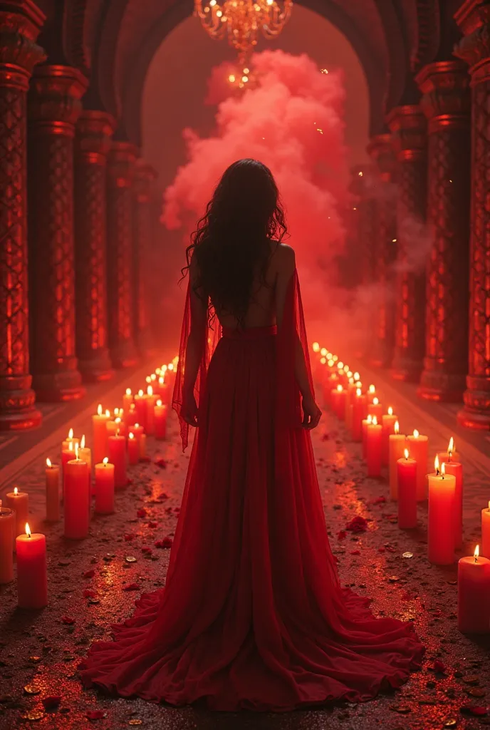 Create a mysterious and enchanting environment, with an ethereal atmosphere, where the background is constantly transformed to reflect the power and seduction of Pombagira Maria Padilha. The setting must be of a crossroads illuminated by red candles, with ...