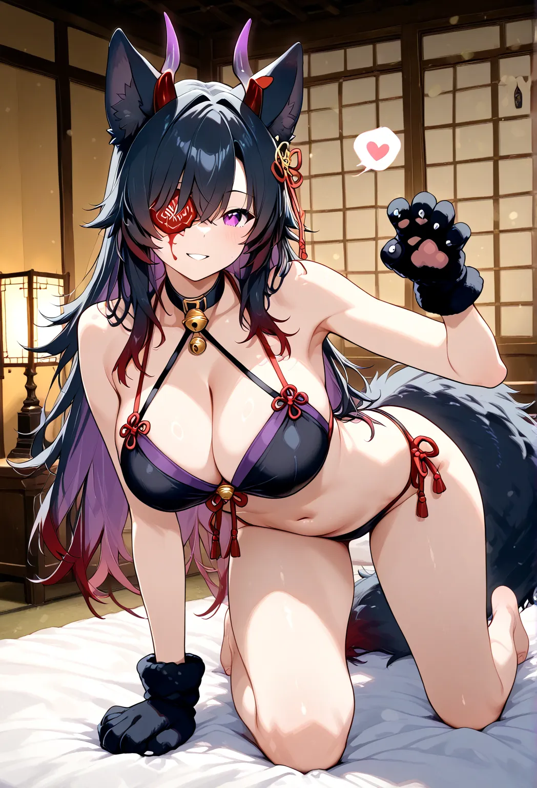 adult woman,  black hair with red tips,
 purple inner color, 
long hair that extends to around the waist,
 right eye covered by hair , 
I can't see my ears due to hair,
I'm wearing cat gloves on my hands {x} I have both black dragon horns and wolf ears gro...