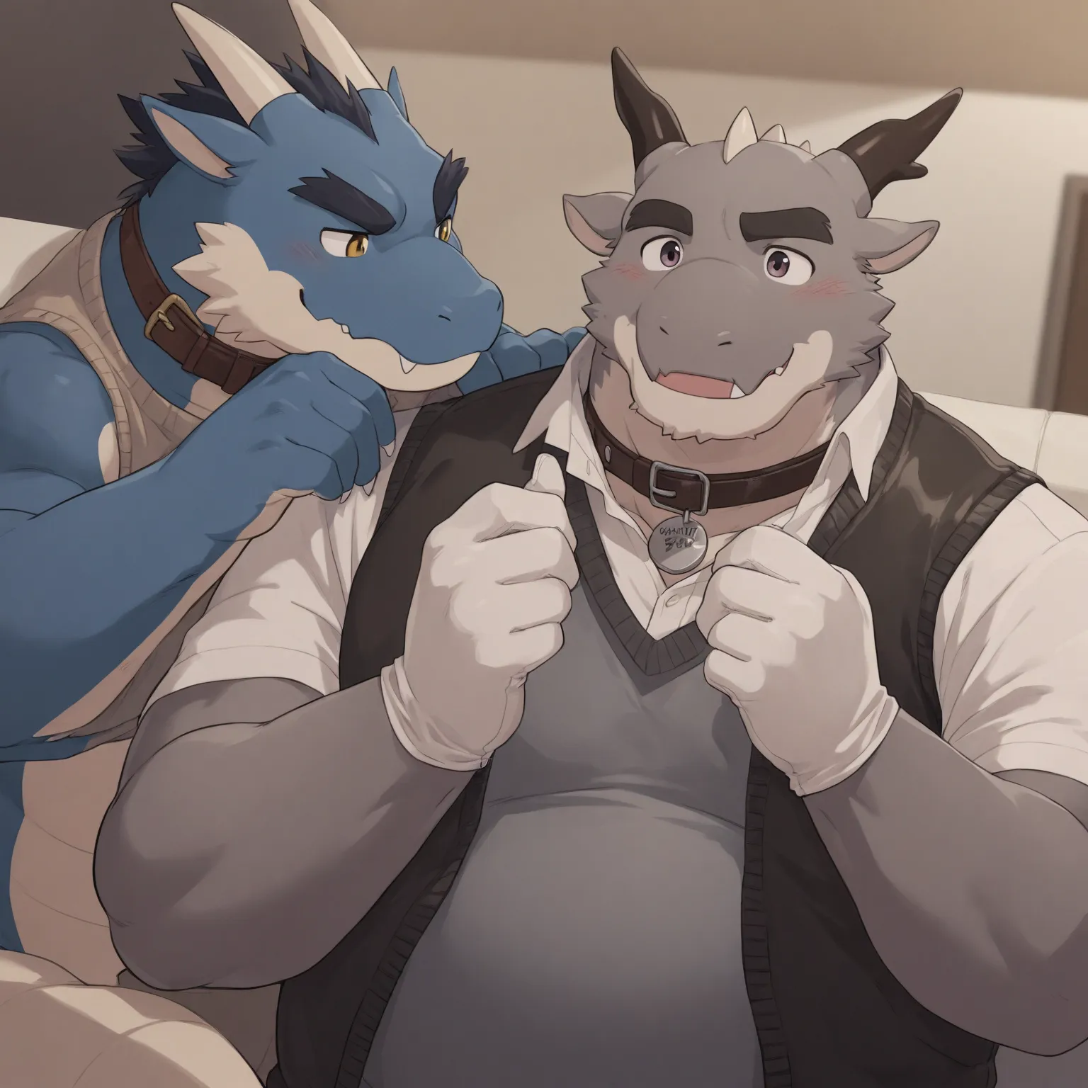 High Quality, Male, Dragon, Anthro(Dragon),Chubby,(Black eyebrows:1.1),(Perfect eyes),Smooth Skin，（artist:Takemoto Arashi），Living Room background，claw，（Sweater-vest:1.3）。Wearing a Leather collar around his neck. Wearing fancy white gloves on his hands, fan...