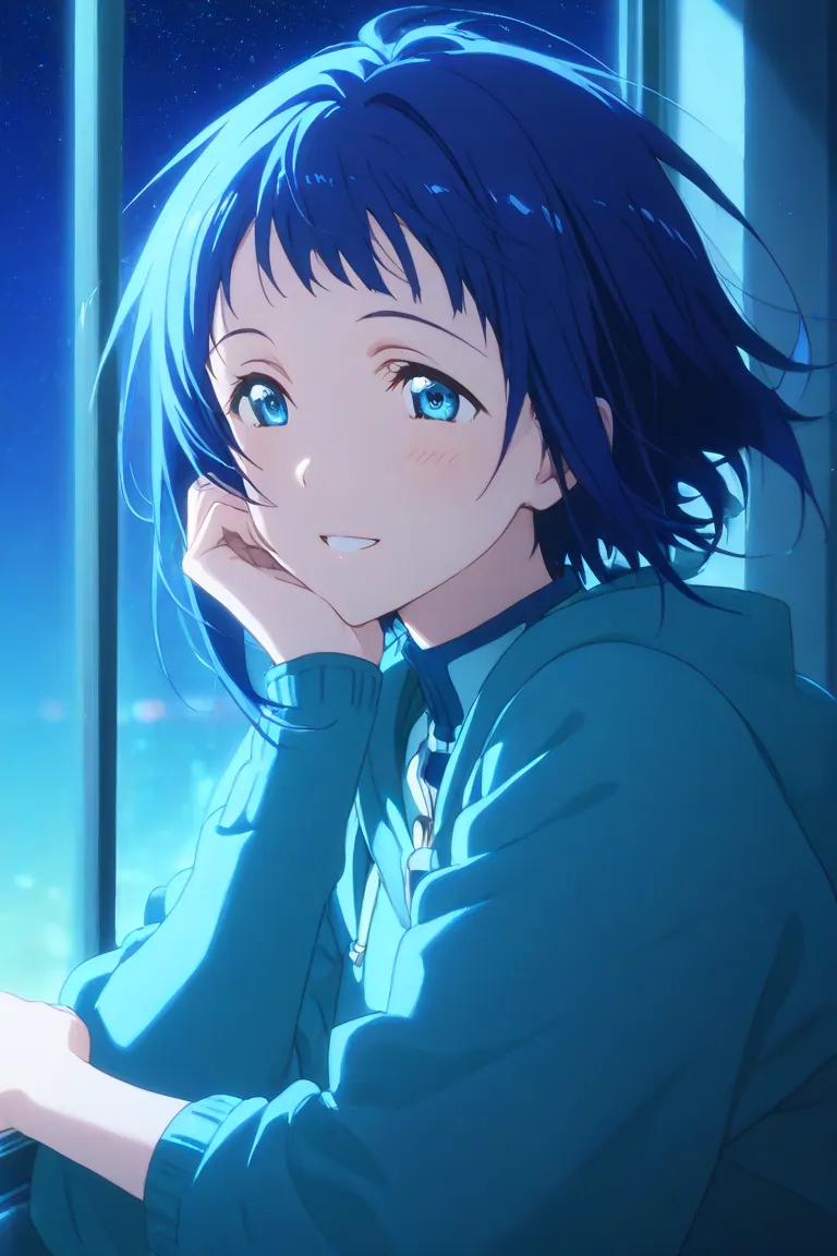 Sachi , blue hair, Looking out the window at the night sky, smile, beautiful