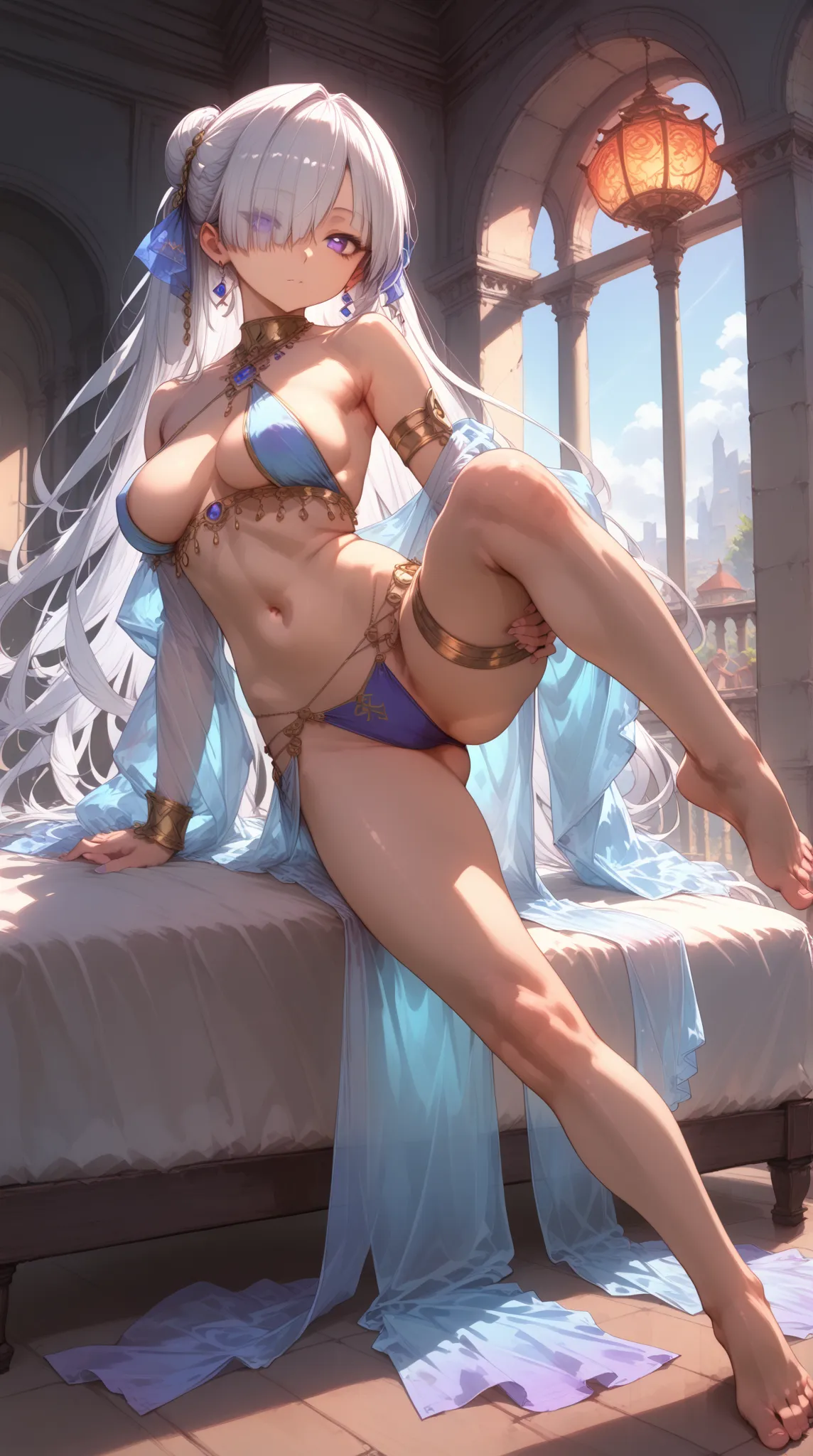 silver hair, bright hair, very long hair, blue purple eyes, hair over one eye, left eye is hidden, thic thighs, long stockings, barefoot, slender, dark skin,big breast, belly dancer outfit, indoors, raising one leg, shirtless, (((SFW))), (Wide Open Shot)