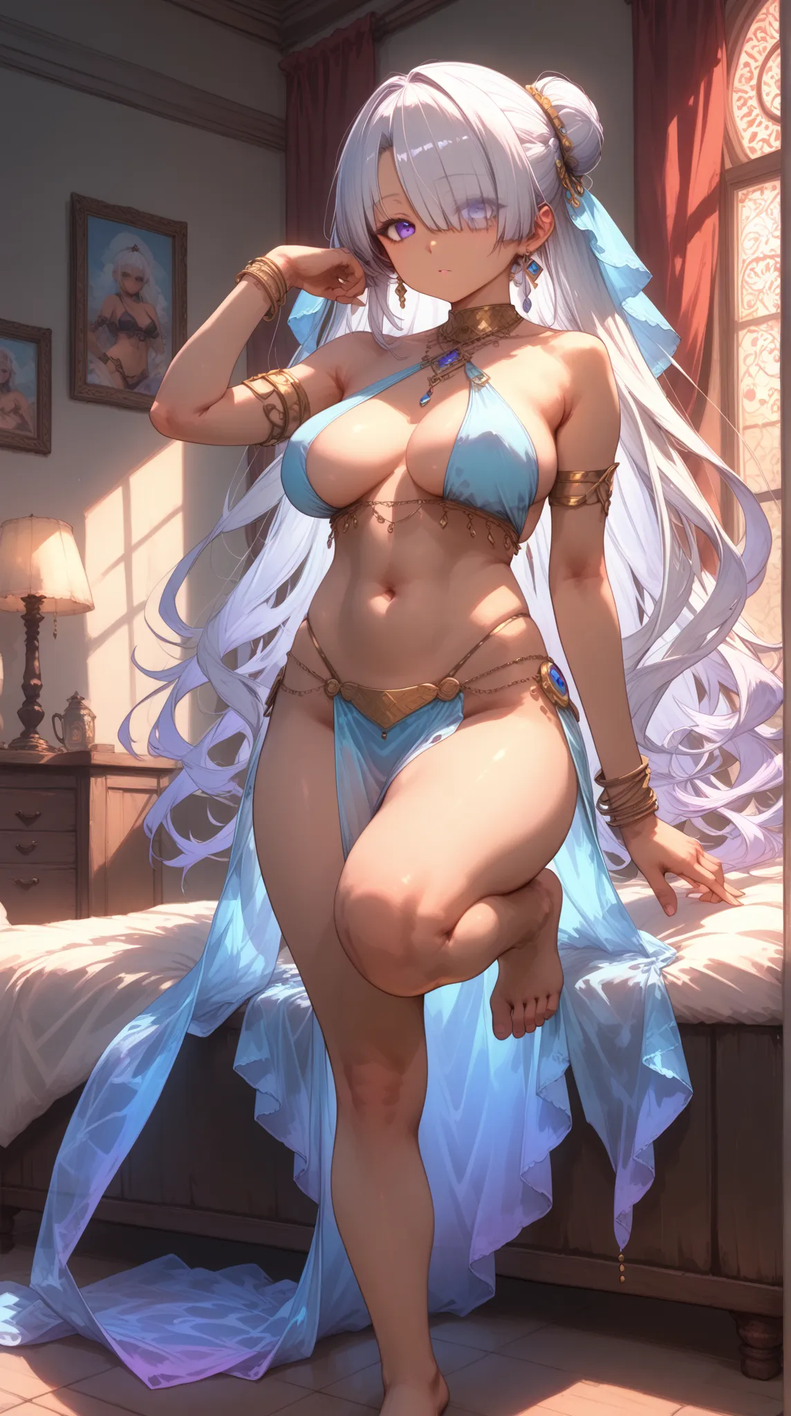 silver hair, bright hair, very long hair, blue purple eyes, hair over one eye, left eye is hidden, thic thighs, long stockings, barefoot, slender, dark skin,big breast, belly dancer outfit, indoors, raising one leg, shirtless, (((SFW))), (Wide Open Shot)