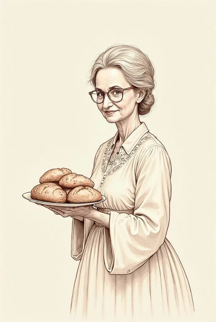 A drawing without color but with a brown outline of a grandmother similar to Kim Young OK wearing clothes from the Mexican golden age and glasses holding a plate with breads