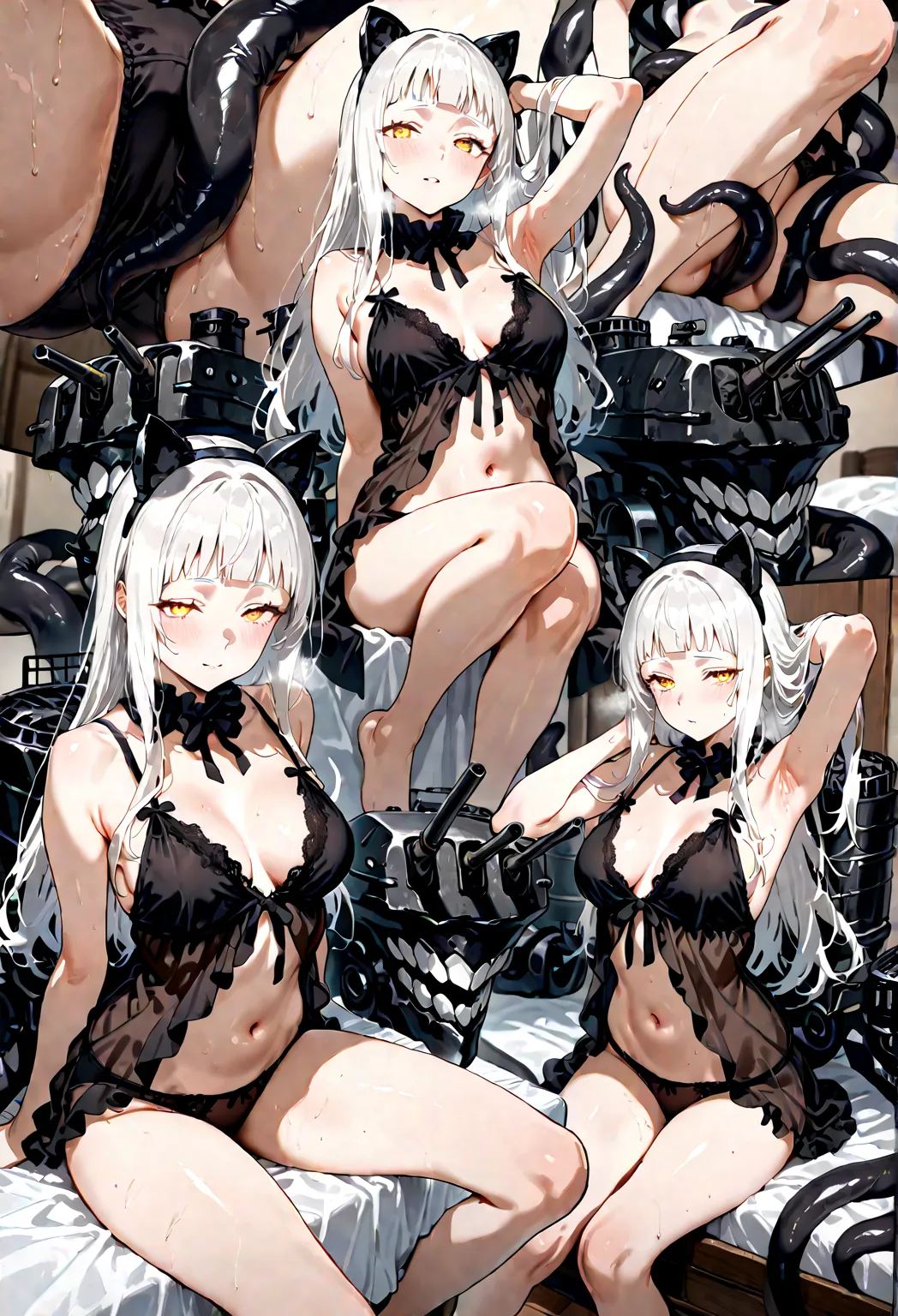 score_9, score_8_up, score_7_up, source_anime, BREAK,white hair, long hair, yellow eyes, blunt bangs, fake animal ears
black panties, babydoll, midriff, navel, stomach, ribbon choker, black choker, detached collar, bare legs, bare feet
tentacles, rigging, ...