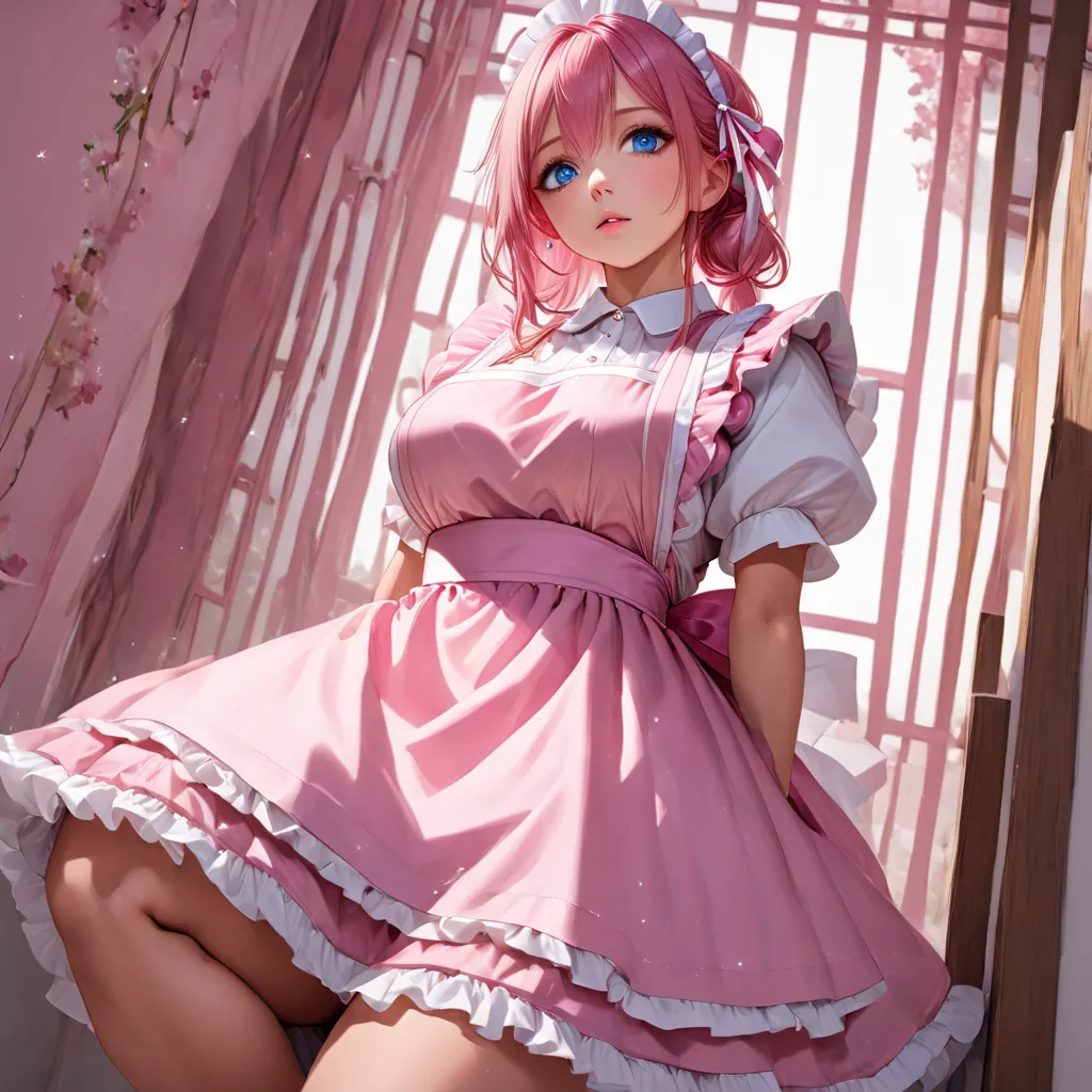 Japanese、1 girl who died, pink hair, blue eyes, High Resolution, big breasts, anatomically correct、Accurate body lines、Beautiful style、shortcuts, ribbons, Sparkling Effect, 8k、fullbody、outfits、Please squat down、Low posture、Looking straight up from below、pi...