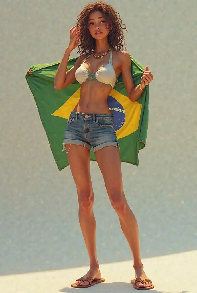 Girl with the Brazilian flag shirtless and wearing shorts and flip flops,   neck chain   