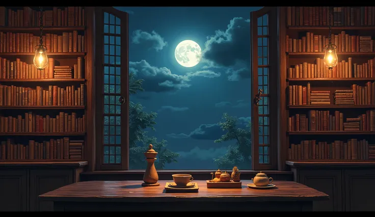 hyper detailed, insanely detailed, background, bar, tea, in the bar, with a table, at night, photorealistic, from front, wide view, cinematic lighting, dynamic angle, with a full moon, with a bookshelf, with a book