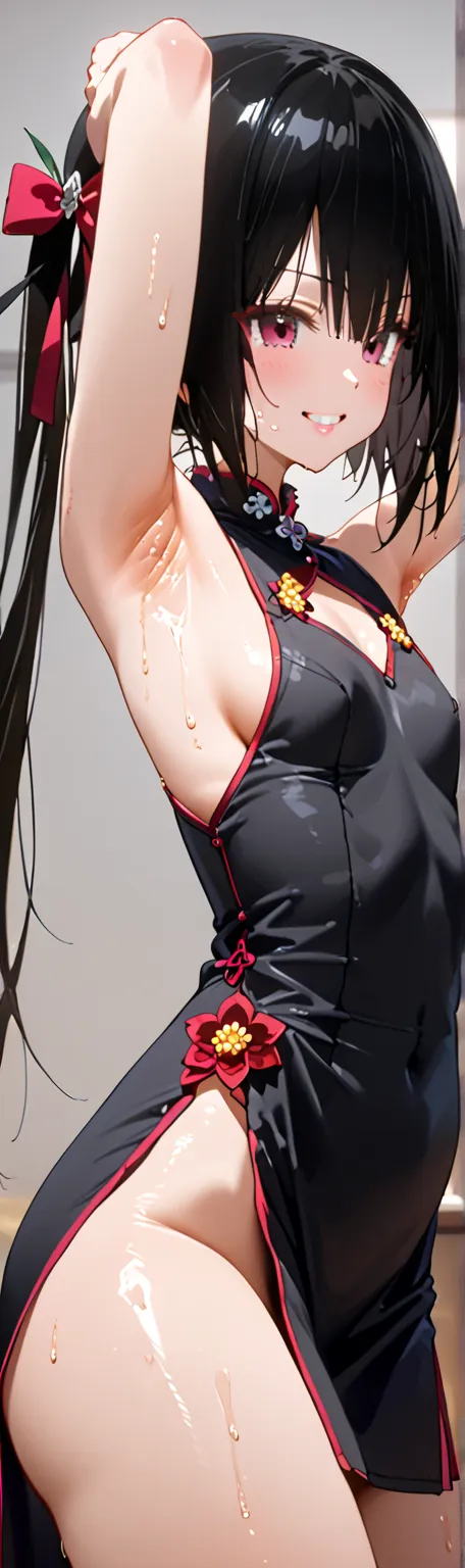 (top quality、greatest masterpiece、detailed、4K)、One Woman、20 years old、 black hair、long hair、Twin Tails、(((Master Nemesis)))、 flat chest、(qipao)、(beautiful thighs)、(beautiful side)、sweaty、(( super embarrassing))、smile、(((Armpit Zoom)))