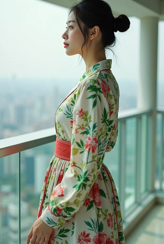 seen from the front face facing the side,beautiful Korean woman,hair in a neat bun,big body,clean white skin,wearing a white green red motif dress knit,stand back on a balkon hand holding red iphone 14 promax handphone.high glass bulgings background.
high ...