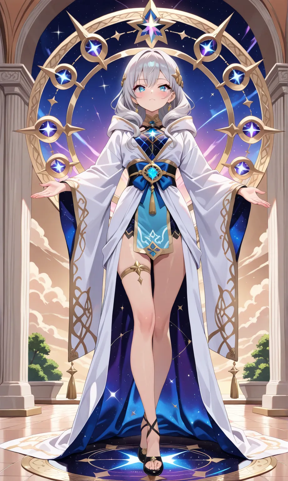 (((masterpiece, best quality, high detailed, 16k))) (1girl) A mystical alchemist with shimmering silver hair, her robes decorated with intricate constellations and star charts. Her eyes glow with the light of distant stars, and she manipulates glowing vial...