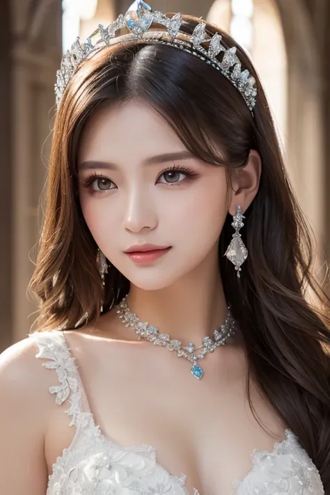 (Masterpiece,  top quality: 1.4),  detailed background, White Crystal,  Crystal Clusters , long hair,  jewelry,  earrings,  necklace,  crown, bride, Gray Hair, halo,