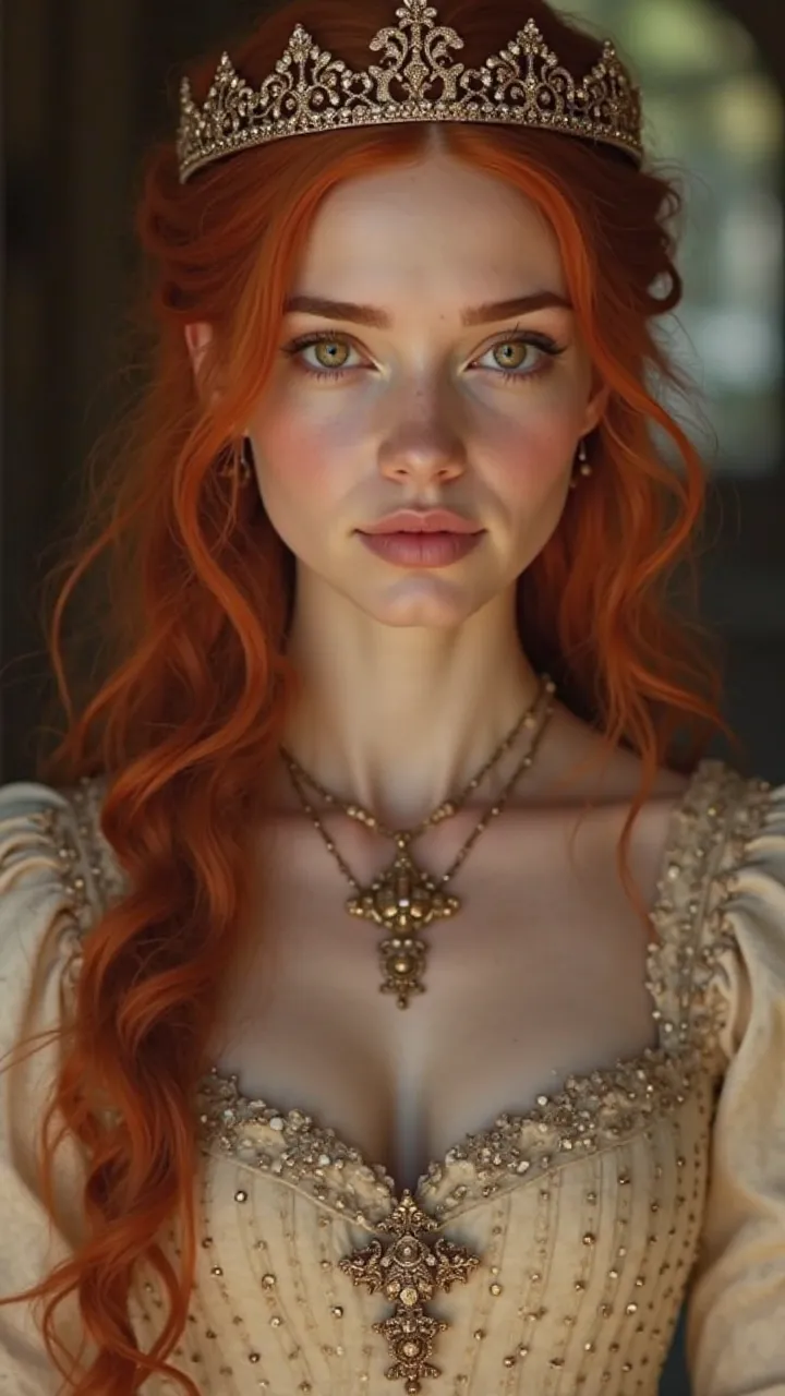  Create a 25-year-old girl who is red-haired and has mesmerizing honey-colored eyes, thick eyebrows and pale skin, a raised nose and angelic beauty who wears a cream medieval Reyna dress and a matching tiara that is hyperrealistic, Game of Thrones style.