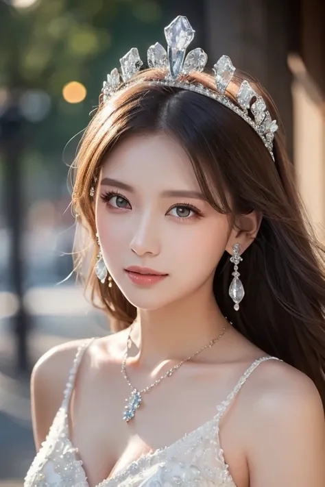 (Masterpiece,  top quality: 1.4),  detailed background, White Crystal,  Crystal Clusters , long hair,  jewelry,  earrings,  necklace,  crown, bride, Gray Hair, halo,