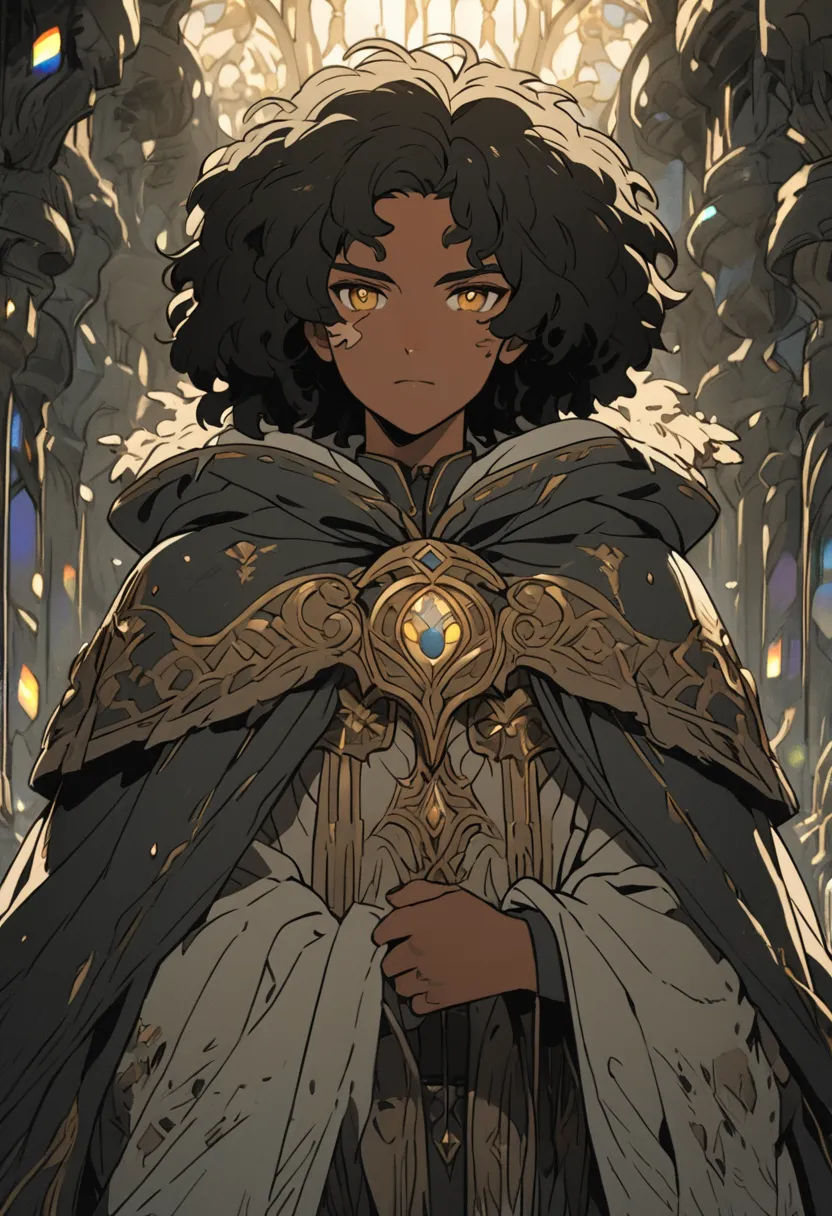 A young black man with rich, deep skin, shiny golden eyes that seem to reflect light and afro-black hair with well-defined texture.   He has a confident and serene expression  , transmitting intelligence and charisma. art style game:   soft and detailed li...