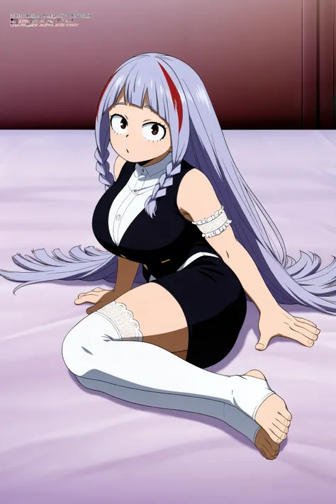 My Hero Academia　八Hundred万　Hundred,1lolly,megami magazine,huge breasts、big tareme,,long side braids light purple hair very long straight hair tsurim,only black vest、.black pencil skirt,white lace thigh-high socks , arm garter armlet, red streaked hair ,lol...