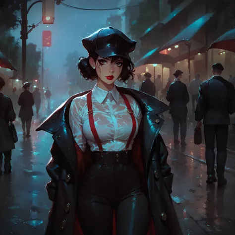detective girl, classic noir, short black hair, sloppy hairstyle, sloppy makeup, absent-minded look, red lipstick, white shirt, suspenders, black trousers, old worn black coat, street, rain, hat,