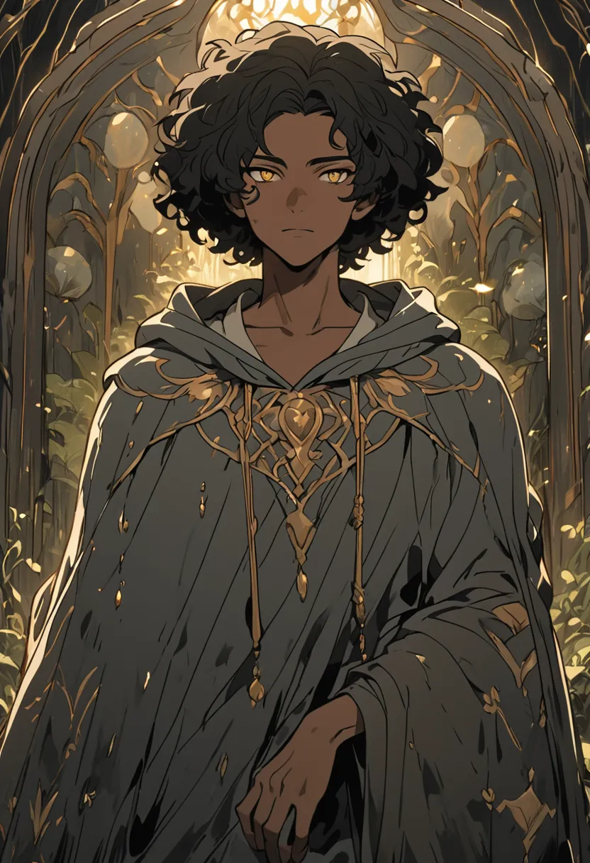 A young black man with rich, deep skin, shiny golden eyes that seem to reflect light and afro-black hair with well-defined texture.   He has a confident and serene expression  , transmitting intelligence and charisma. art style game:   soft and detailed li...