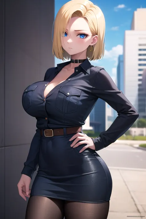 android18, android 18, blonde hair, blue eyes, eyelashes, hoop earrings, short hair, earrings,
BREAK, brown pantyhose, black shirt, breast pocket, cleavage, collarbone, black leather skirt, high-waist skirt, jewelry, long sleeves, pocket, shirt, black crop...