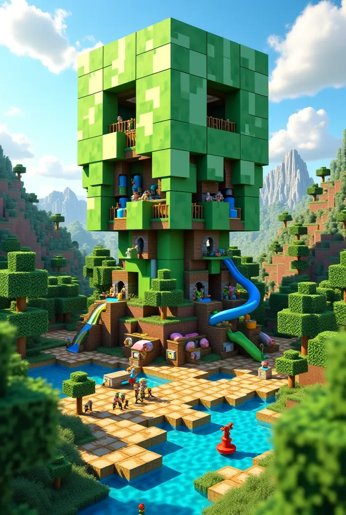 I need a picture of a ren's playground, whose view from above will form the head of a minecraft creeper. Let his eyes be like towers with slides. And let my mouth be a swing or something else