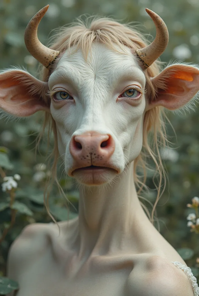 Create a beautiful woman with a cow face，full body shot，natural attitude。