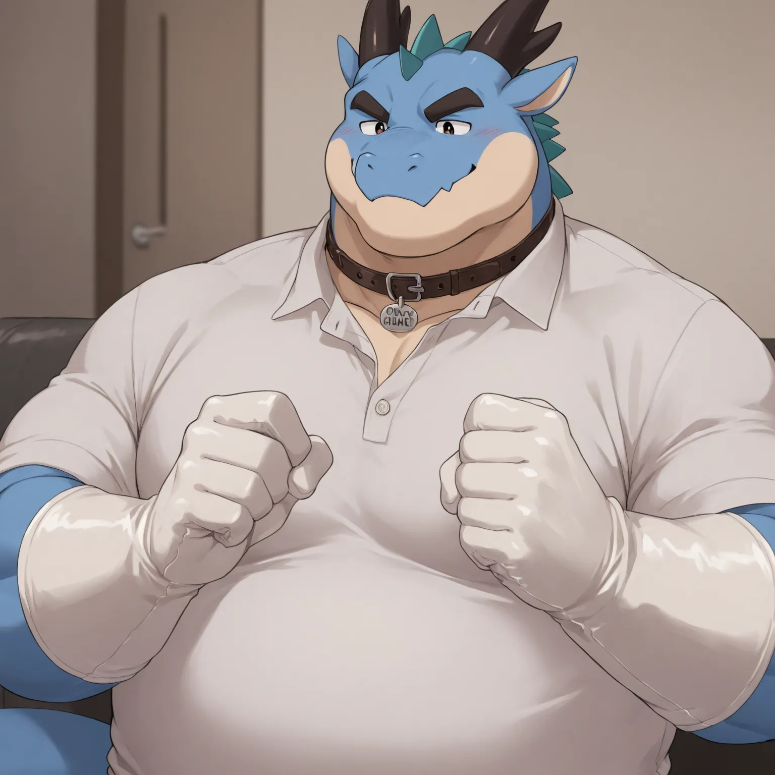 High Quality, Male, Dragon, Anthro(Dragon),Chubby,(Black eyebrows:1.1),(Perfect eyes),Smooth Skin，（artist:Takemoto Arashi），Living Room background，claw，（Office attire:1.3）。Wearing a Leather collar around his neck. Wearing fancy white gloves on his hands, fa...