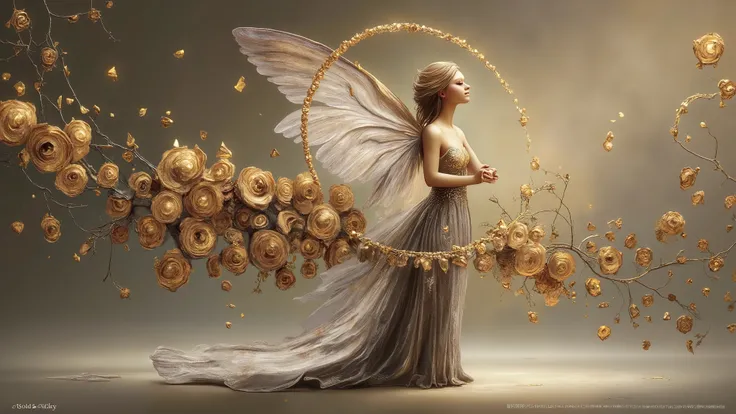 Fantasy fairy surrounded by golden mosaic elements, Gustav Klimt style, elegant and ethereal, neutral background with intricate golden patterns, soft diffused lighting, shimmering gold and warm tones, delicate and detailed, minimalistic yet majestic, digit...