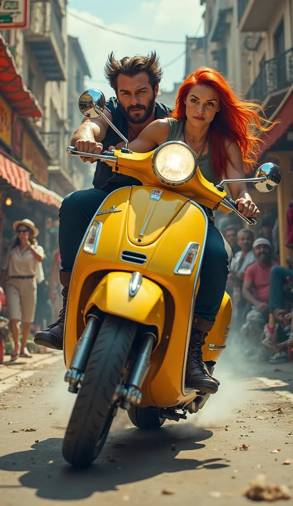 Wolverine and Jean Gray struggle riding with yellow Vespa do a wheelie stunt at traditional market