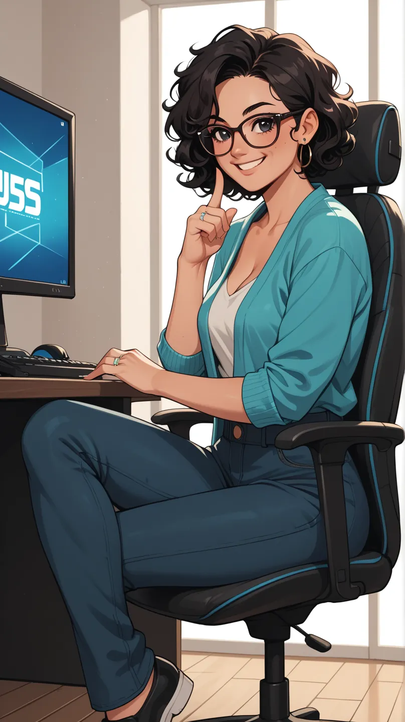 An adult Japanese woman. She has short, black curly hair. She wears glasses and a adult plain casual fashion and long pants. She is Medium build. She is sitting in a gaming chair, and broadcasting her PC gameplay. She has finally completed a game that she ...