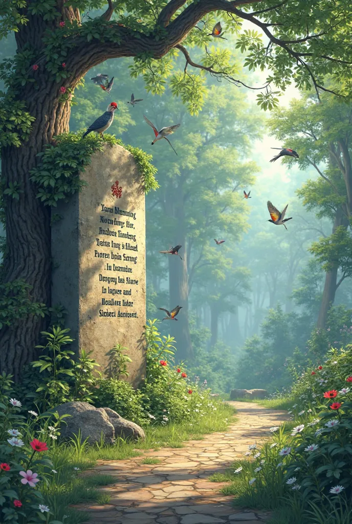 Take a beautiful landscape with trees and birds and on the left die to put a poem