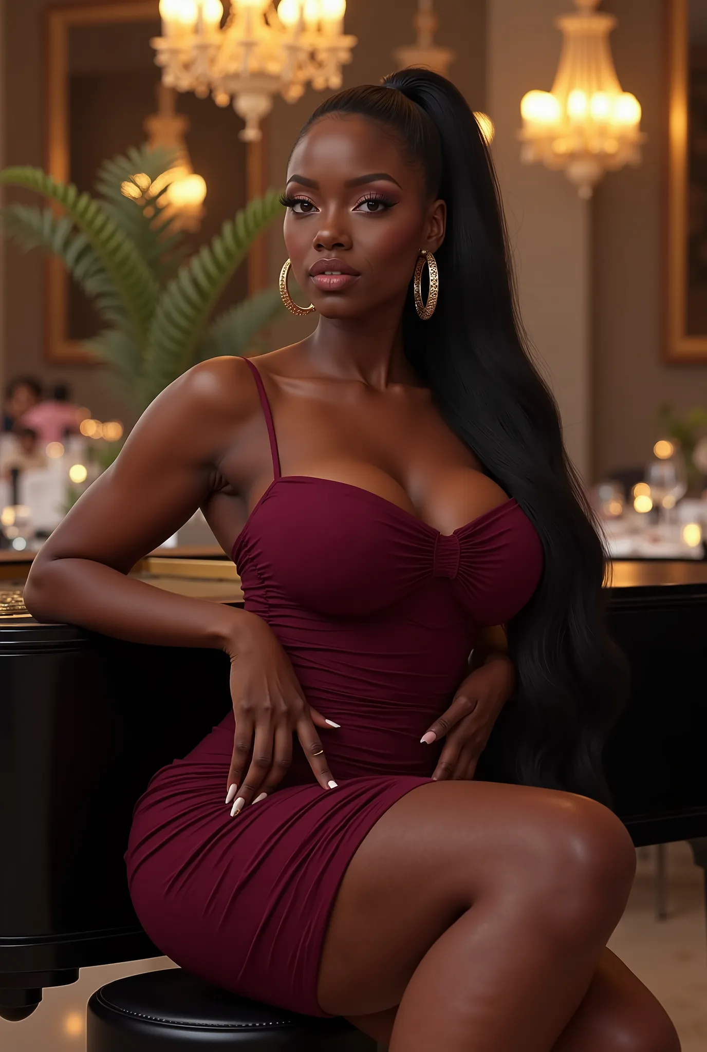 A curvaceous healthy build Black woman wearing a ruched bodycon dress in deep maroon with thin straps, paired with gold heels and hoop earrings. Her hair is styled in a long, sleek ponytail. The scene is set at an elegant indoor dining area with chandelier...