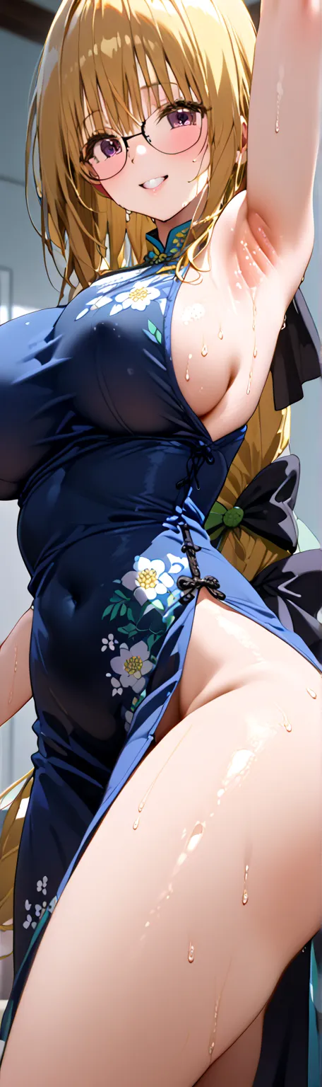 (top quality、greatest masterpiece、detailed、4K)、One Woman、Age 35、golden hair、long hair、glasses、((( tiayu＝LUNATIQUE)))、(super big boobs)、(qipao)、(beautiful thighs)、(beautiful side)、sweaty、(( super embarrassing))、smile、(((Armpit Zoom)))